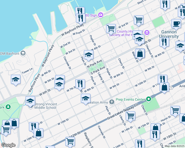 map of restaurants, bars, coffee shops, grocery stores, and more near 831 South Park Avenue in Erie