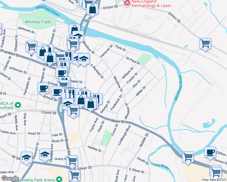 map of restaurants, bars, coffee shops, grocery stores, and more near 84 George Street in Westfield
