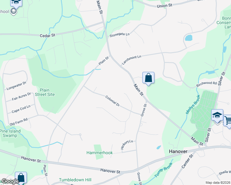 map of restaurants, bars, coffee shops, grocery stores, and more near 108 Mayflower Circle in Hanover