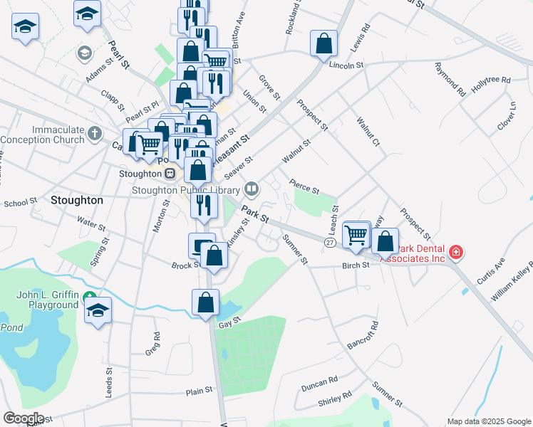 map of restaurants, bars, coffee shops, grocery stores, and more near 101 Walnut Street in Stoughton