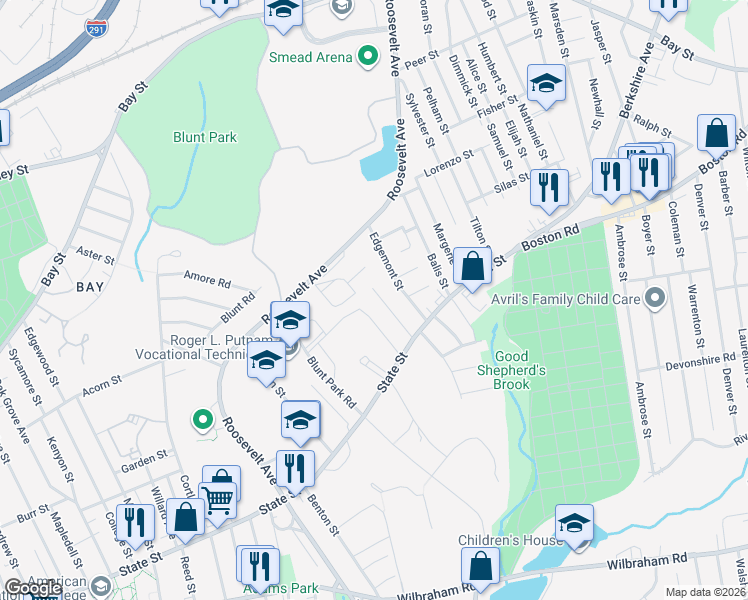 map of restaurants, bars, coffee shops, grocery stores, and more near 62 Edgemont Street in Springfield