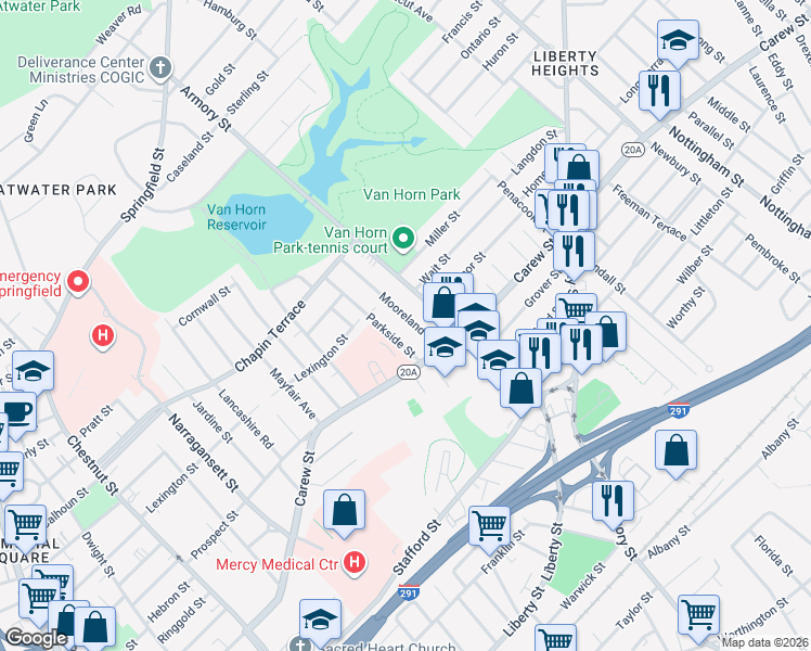 map of restaurants, bars, coffee shops, grocery stores, and more near 65 Mooreland Street in Springfield