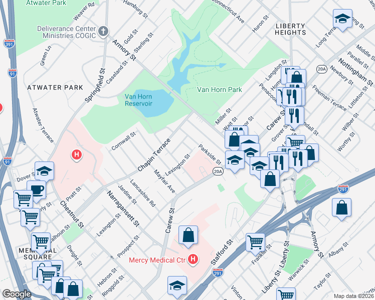 map of restaurants, bars, coffee shops, grocery stores, and more near 592 Armory Street in Springfield