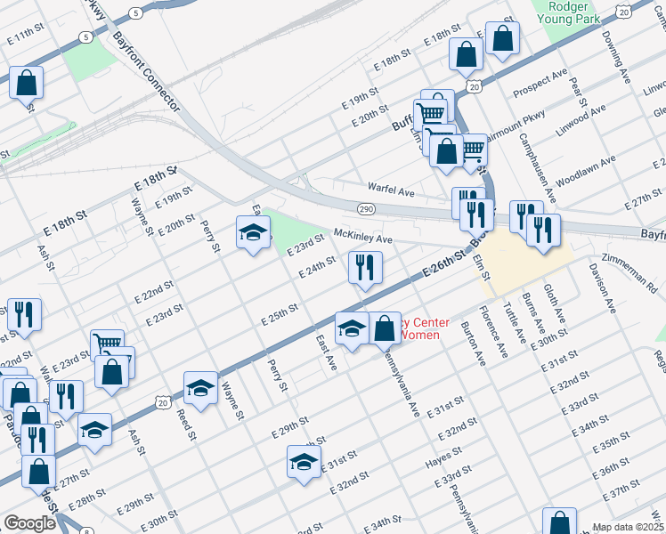 map of restaurants, bars, coffee shops, grocery stores, and more near 2200-2398 Pennsylvania Avenue in Erie