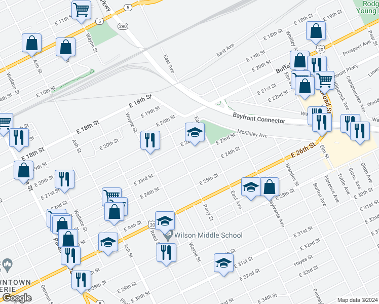 map of restaurants, bars, coffee shops, grocery stores, and more near 938 East 22nd Street in Erie