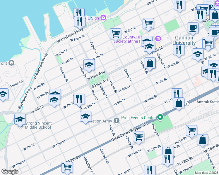 map of restaurants, bars, coffee shops, grocery stores, and more near 656 West 7th Street in Erie