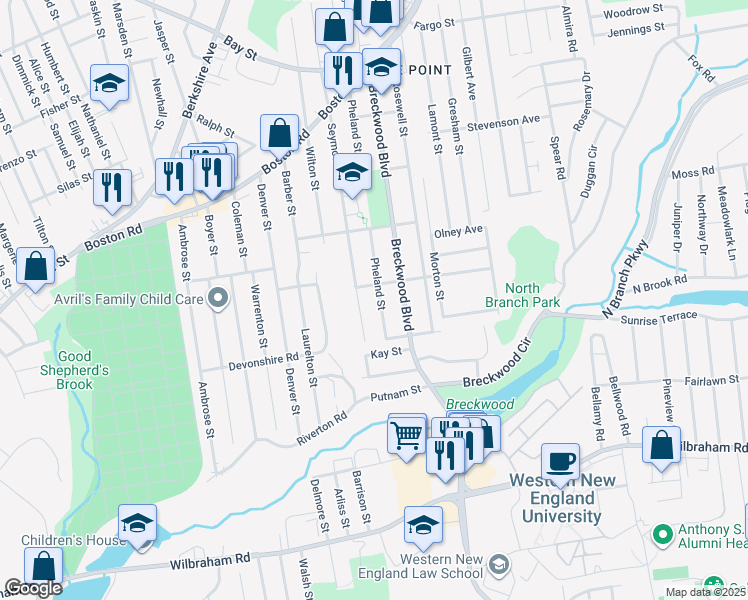 map of restaurants, bars, coffee shops, grocery stores, and more near 248 Pheland Street in Springfield