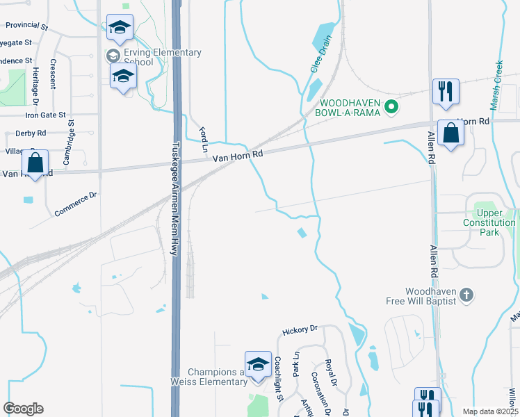 map of restaurants, bars, coffee shops, grocery stores, and more near 2655 Hayden Drive in Woodhaven