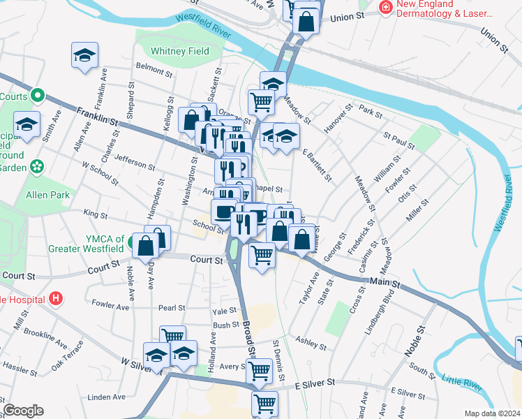 map of restaurants, bars, coffee shops, grocery stores, and more near 35 Thomas Street in Westfield