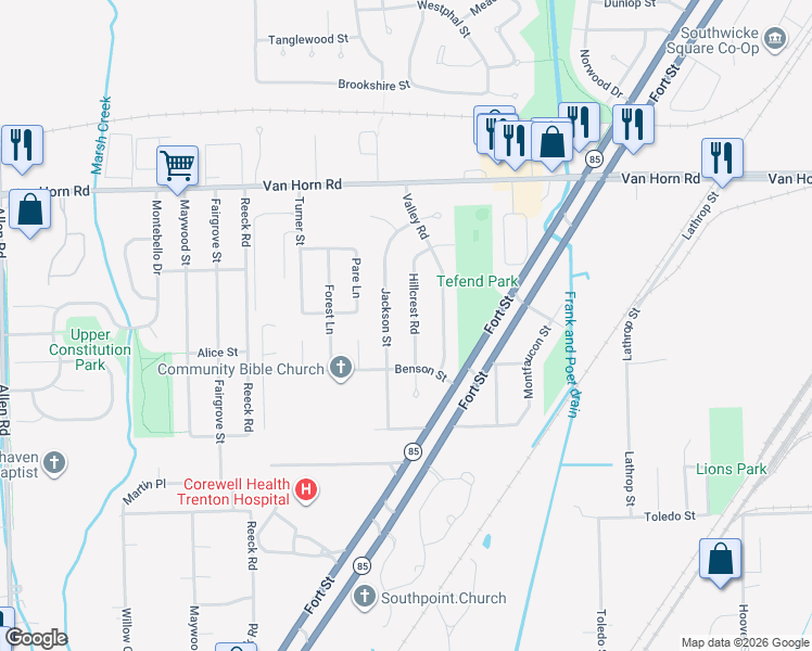 map of restaurants, bars, coffee shops, grocery stores, and more near 4844 Hillcrest Road in Trenton
