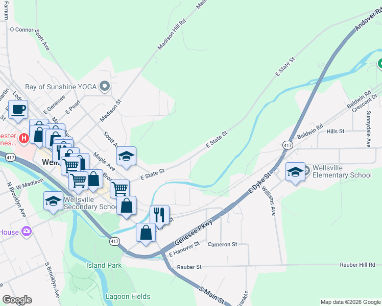 map of restaurants, bars, coffee shops, grocery stores, and more near 231 East State Street in Wellsville