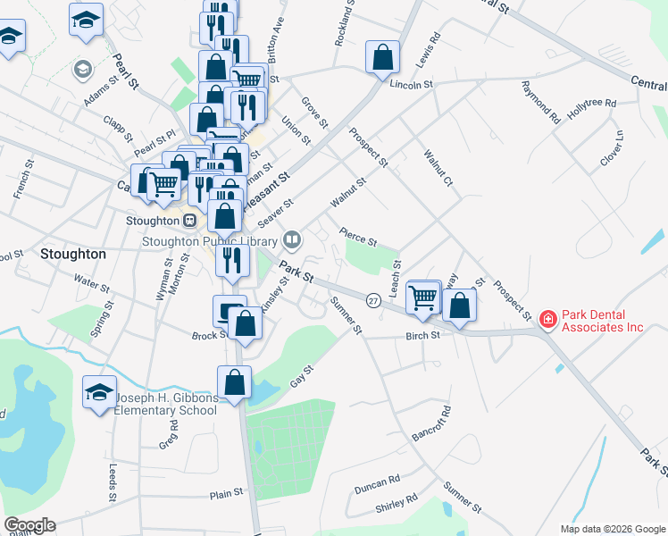 map of restaurants, bars, coffee shops, grocery stores, and more near 2 Park Avenue in Stoughton