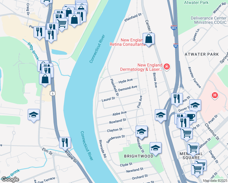 map of restaurants, bars, coffee shops, grocery stores, and more near 580 Plainfield Street in Springfield