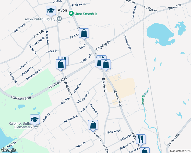 map of restaurants, bars, coffee shops, grocery stores, and more near 123 School Street in Avon
