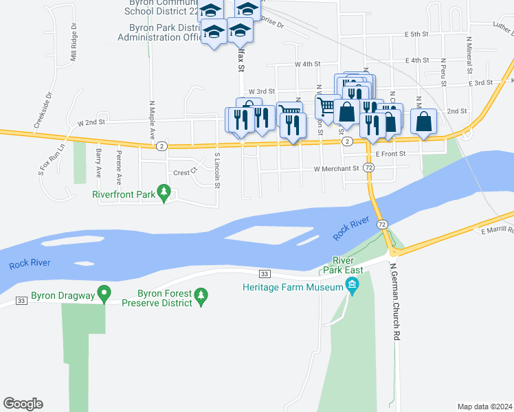 map of restaurants, bars, coffee shops, grocery stores, and more near 225 Colfax Street in Byron