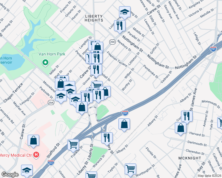 map of restaurants, bars, coffee shops, grocery stores, and more near 17 Cherrelyn Street in Springfield