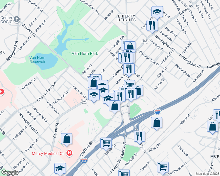map of restaurants, bars, coffee shops, grocery stores, and more near 62-64 Grover Street in Springfield