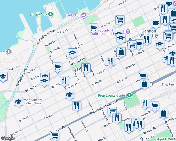 map of restaurants, bars, coffee shops, grocery stores, and more near 656 West 7th Street in Erie