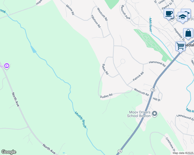 map of restaurants, bars, coffee shops, grocery stores, and more near 20 Dudley Road in Mendon