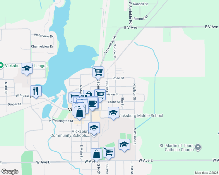 map of restaurants, bars, coffee shops, grocery stores, and more near 471 Pearl Street in Vicksburg