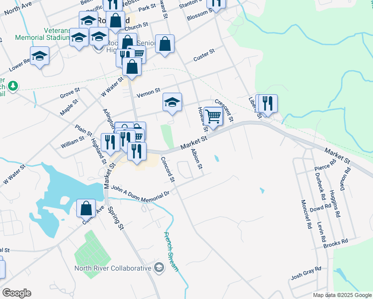 map of restaurants, bars, coffee shops, grocery stores, and more near 283 Market Street in Rockland