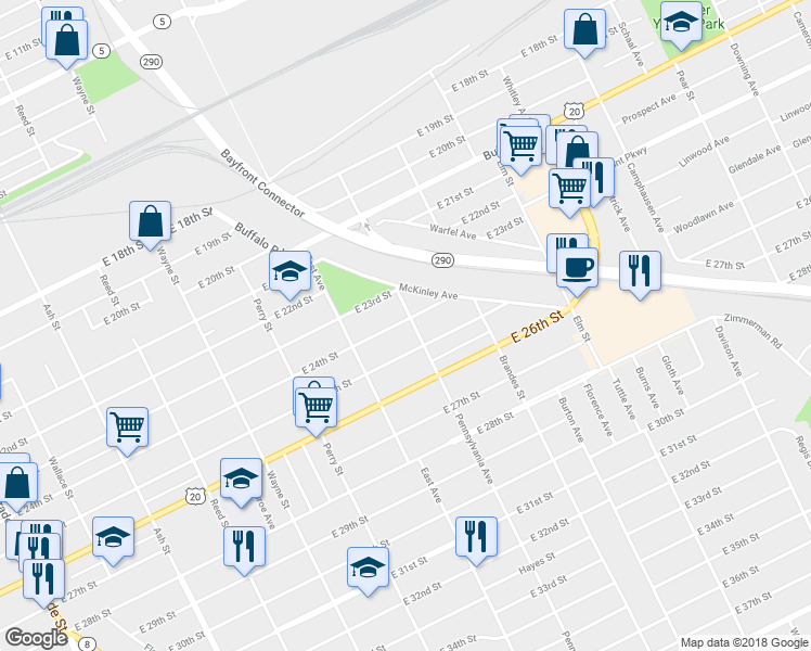 map of restaurants, bars, coffee shops, grocery stores, and more near 2402 Pennsylvania Avenue in Erie
