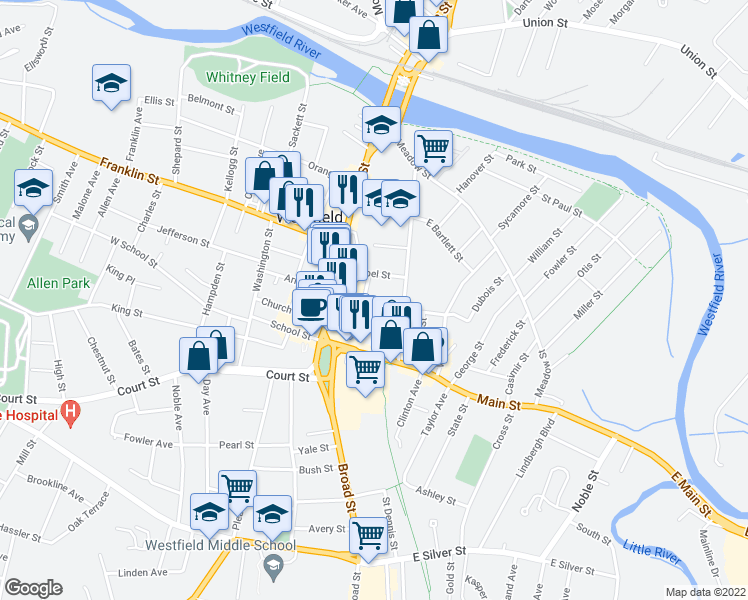map of restaurants, bars, coffee shops, grocery stores, and more near 19 Monroe Street in Westfield