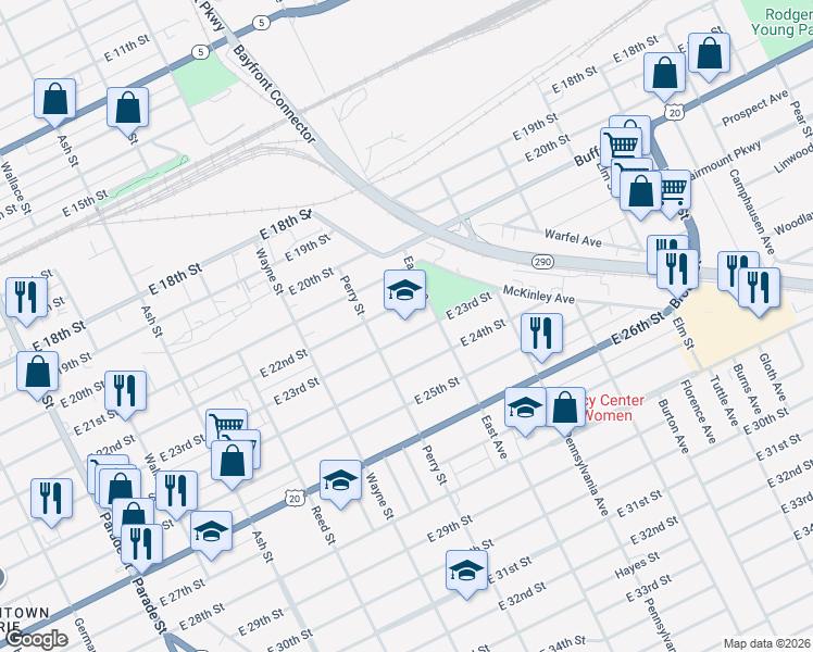 map of restaurants, bars, coffee shops, grocery stores, and more near 933 East 22nd Street in Erie