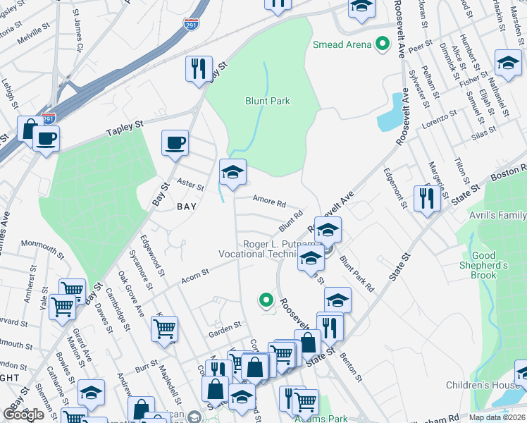 map of restaurants, bars, coffee shops, grocery stores, and more near 62 Amore Road in Springfield
