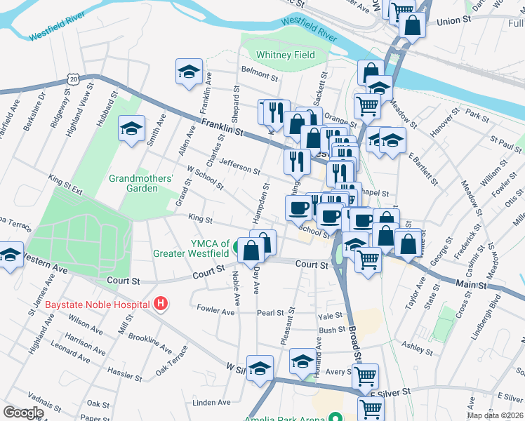 map of restaurants, bars, coffee shops, grocery stores, and more near 27 Hampden Street in Westfield