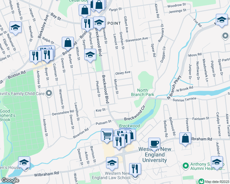 map of restaurants, bars, coffee shops, grocery stores, and more near 295 Rosewell Street in Springfield