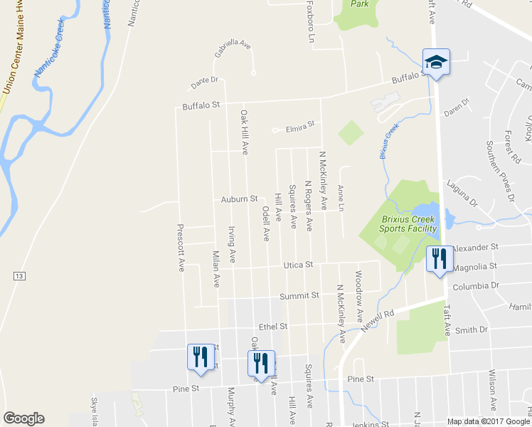 map of restaurants, bars, coffee shops, grocery stores, and more near Odell Avenue & Syracuse Street in Endicott