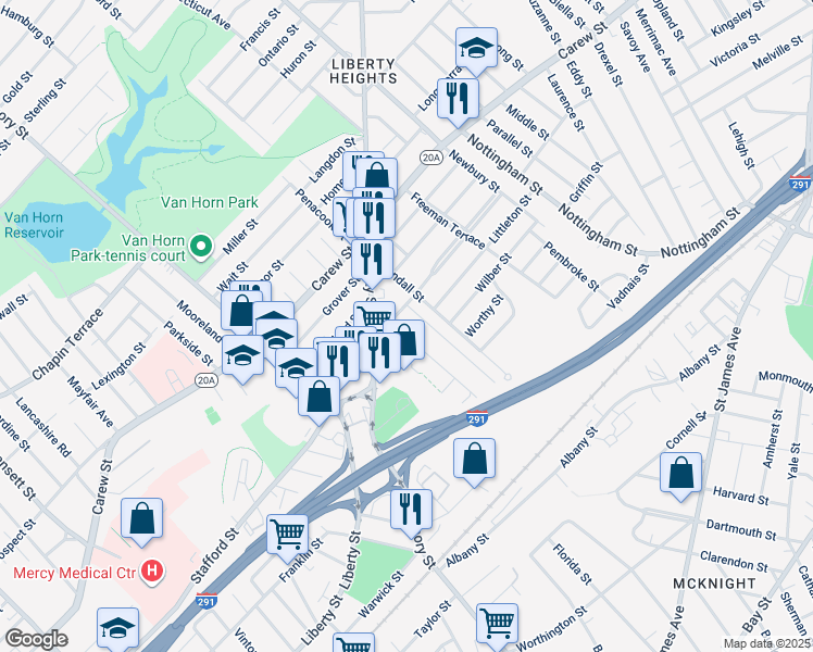 map of restaurants, bars, coffee shops, grocery stores, and more near 32 Phoenix Street in Springfield