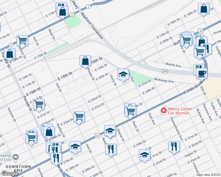 map of restaurants, bars, coffee shops, grocery stores, and more near 2110 Perry Street in Erie