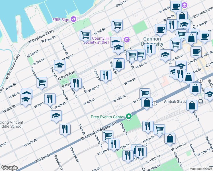 map of restaurants, bars, coffee shops, grocery stores, and more near 556 West 8th Street in Erie