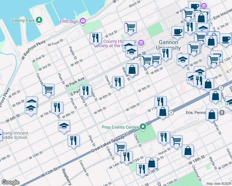 map of restaurants, bars, coffee shops, grocery stores, and more near 556 West 8th Street in Erie