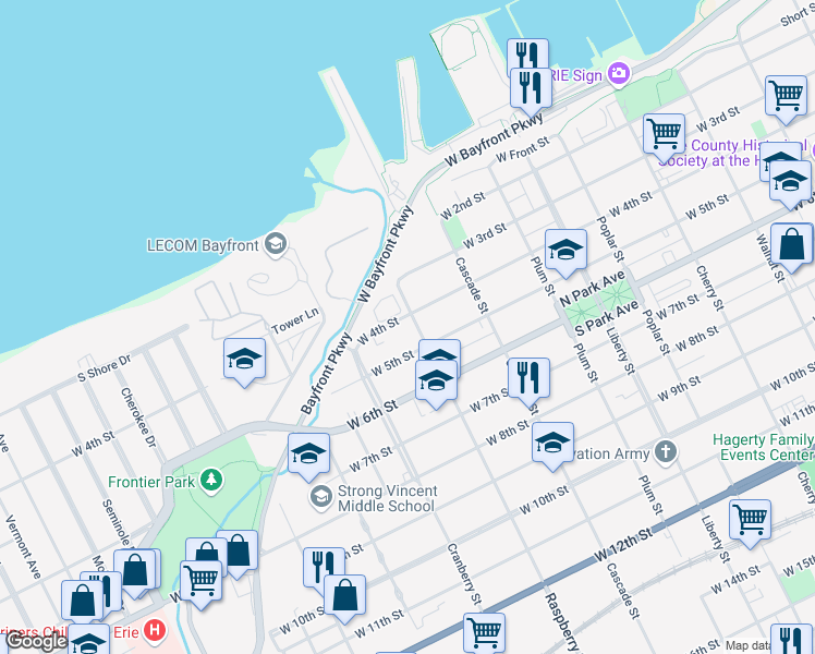 map of restaurants, bars, coffee shops, grocery stores, and more near 1112 West 4th Street in Erie