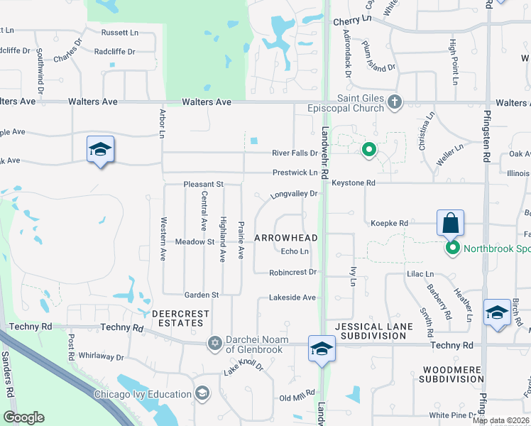 map of restaurants, bars, coffee shops, grocery stores, and more near 1680 Longvalley Court in Northbrook
