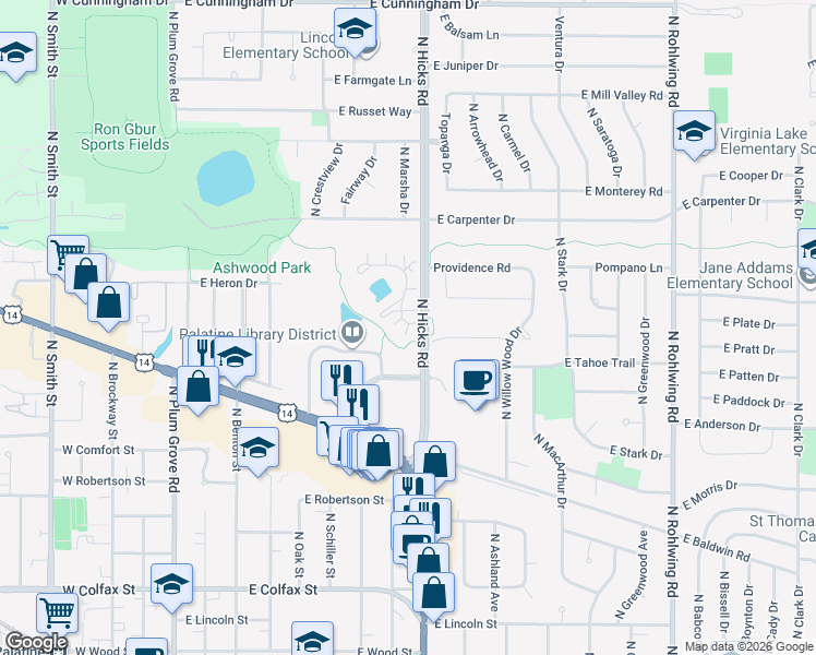 map of restaurants, bars, coffee shops, grocery stores, and more near 367 East Rimini Court in Palatine