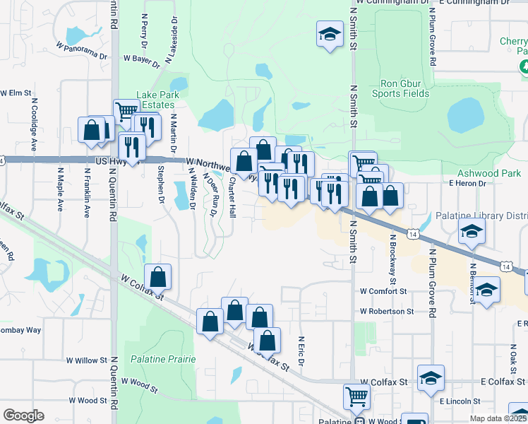 map of restaurants, bars, coffee shops, grocery stores, and more near 686 North Hidden Prairie Court in Palatine