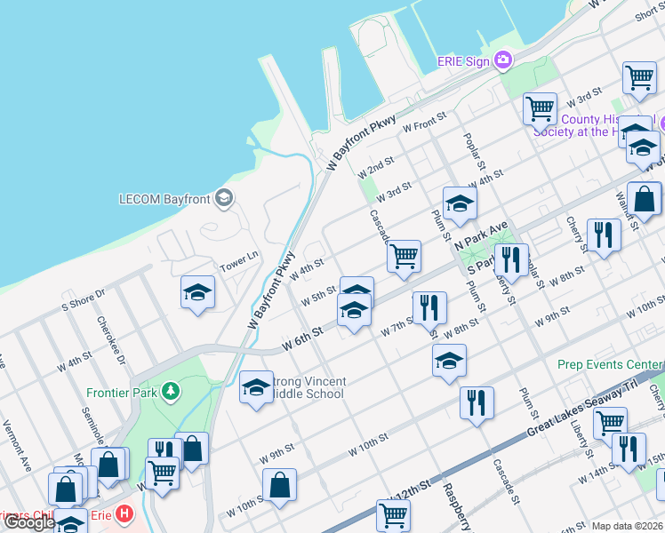 map of restaurants, bars, coffee shops, grocery stores, and more near 1049 West 4th Street in Erie