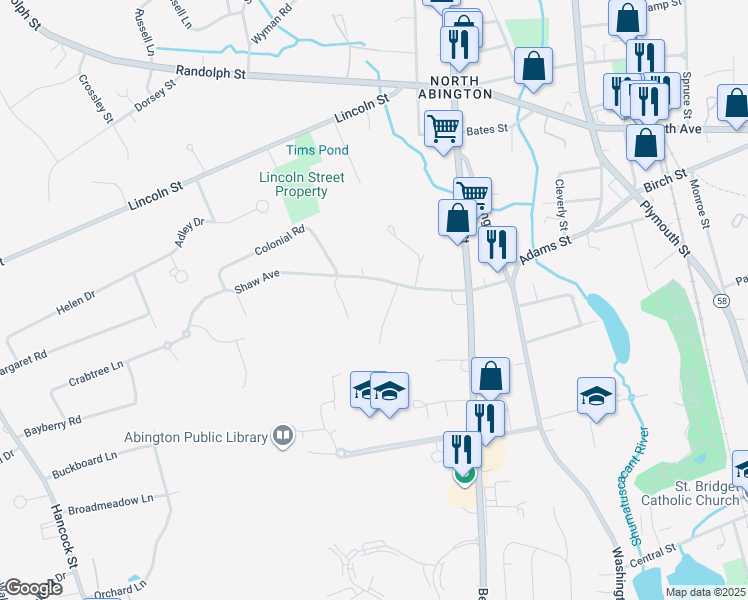 map of restaurants, bars, coffee shops, grocery stores, and more near 140 Shaw Avenue in Abington