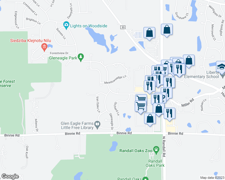 map of restaurants, bars, coffee shops, grocery stores, and more near 2300 Woodside Drive in Carpentersville
