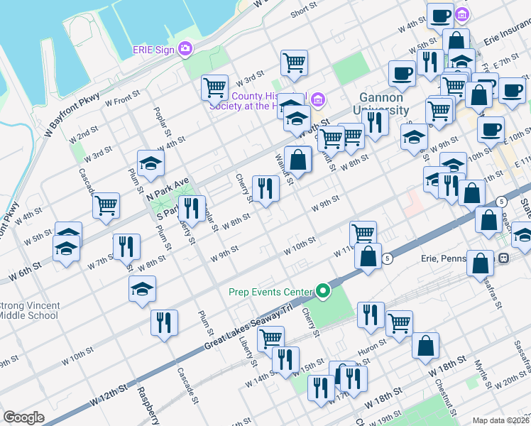 map of restaurants, bars, coffee shops, grocery stores, and more near 556 West 8th Street in Erie