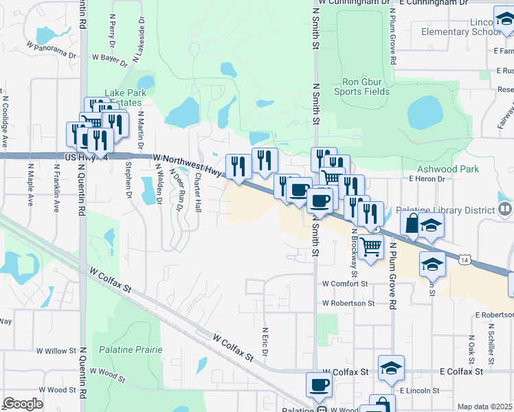 map of restaurants, bars, coffee shops, grocery stores, and more near 377 U.S. 14 in Palatine