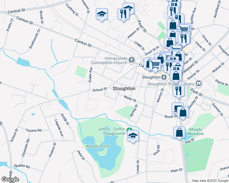 map of restaurants, bars, coffee shops, grocery stores, and more near 165 Water Street in Stoughton