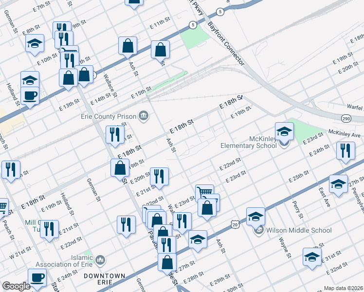 map of restaurants, bars, coffee shops, grocery stores, and more near 612 East 19th Street in Erie