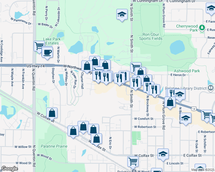map of restaurants, bars, coffee shops, grocery stores, and more near 325 West Northwest Highway in Palatine