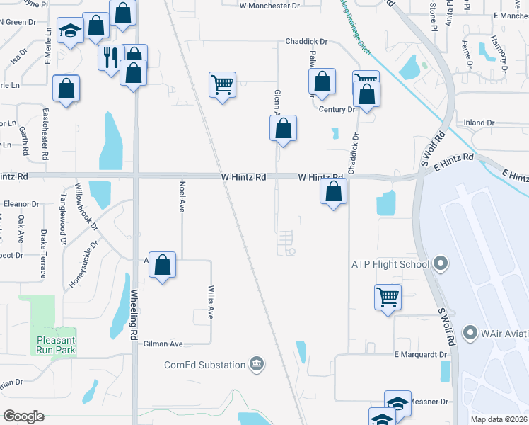 map of restaurants, bars, coffee shops, grocery stores, and more near 105 West Hintz Road in Wheeling