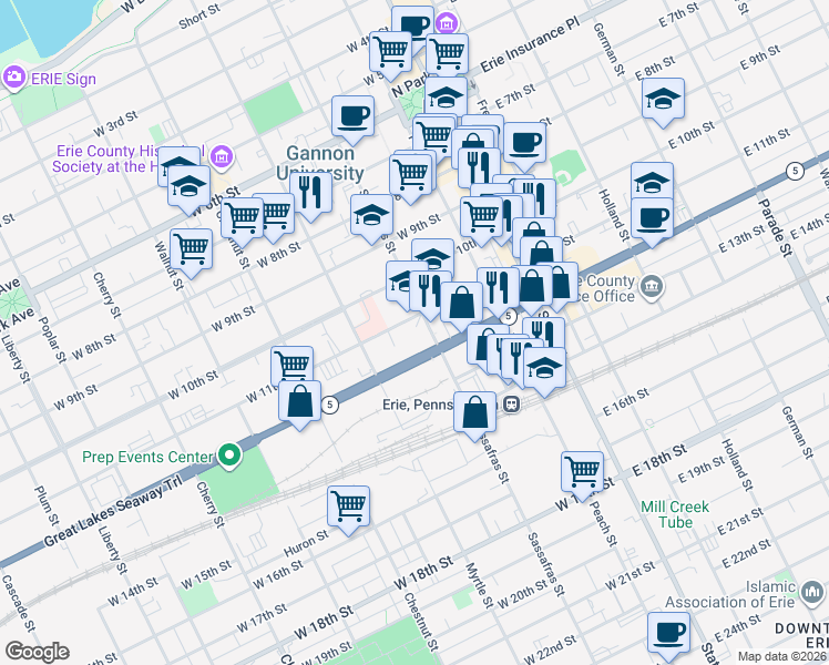 map of restaurants, bars, coffee shops, grocery stores, and more near 225 West 10th Street in Erie
